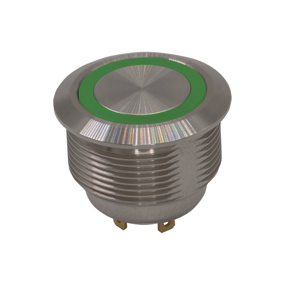 Sealed pushbutton switch features short bushing for space-constrained applications