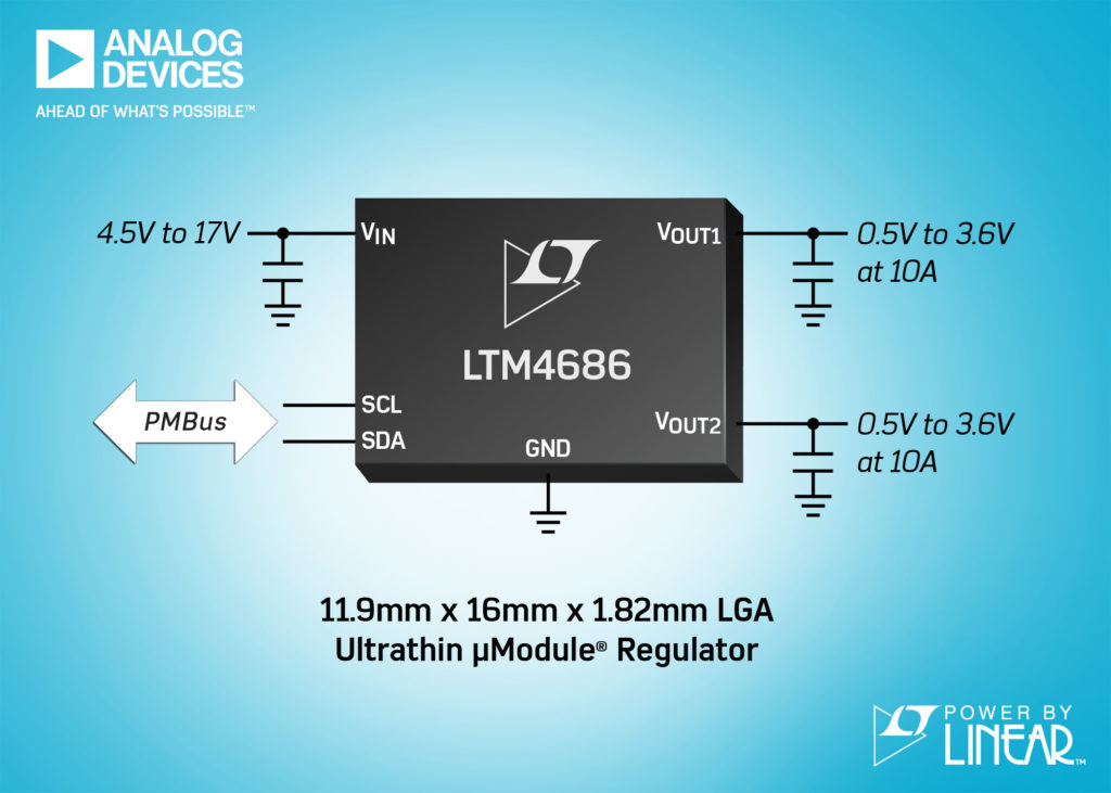 Dual 10A, single 20A ultrathin µModule regulator with  digital power system management
