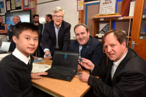 Paul Wheelhouse MSP along with Alistair Banham and Harald Haas of pureLiFi and students at Kyle Academy