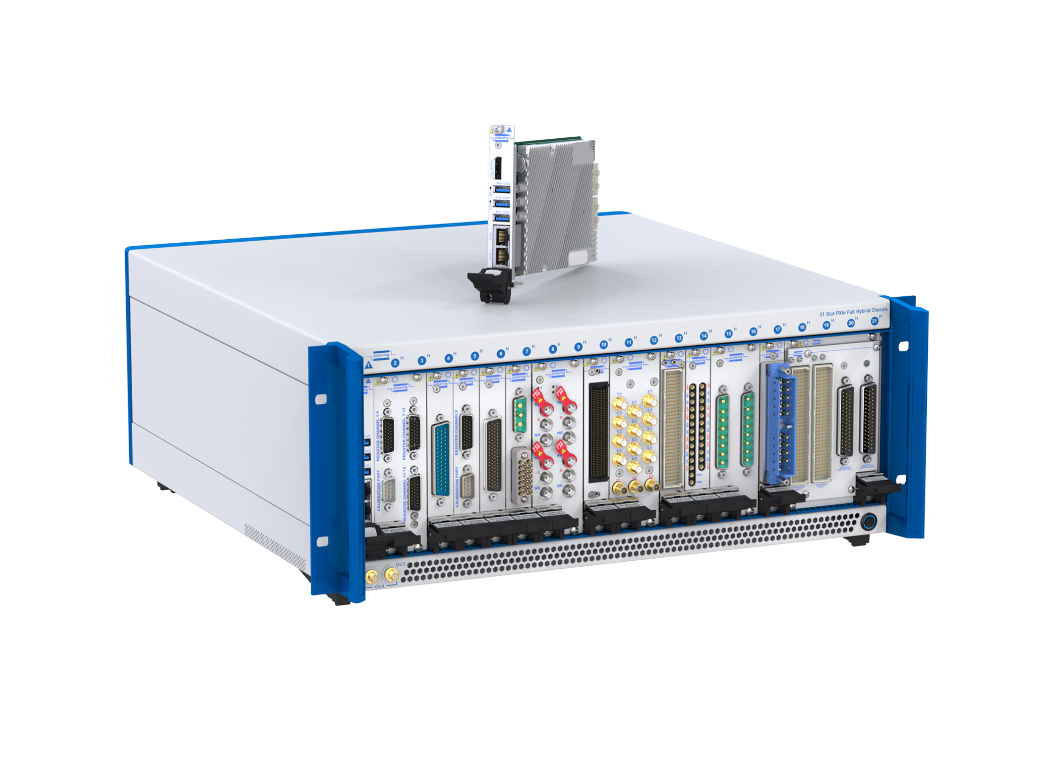 New 21-slot fully hybrid PXIe chassis & PXIe embedded controller from Pickering Interfaces on show at productronica