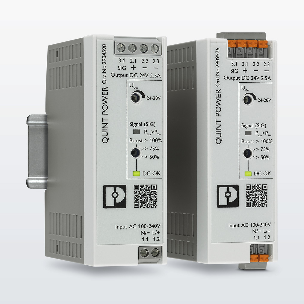 Quint Power DIN-mount power supplies in stock at RS Components, with dynamic boost for high starting-current loads