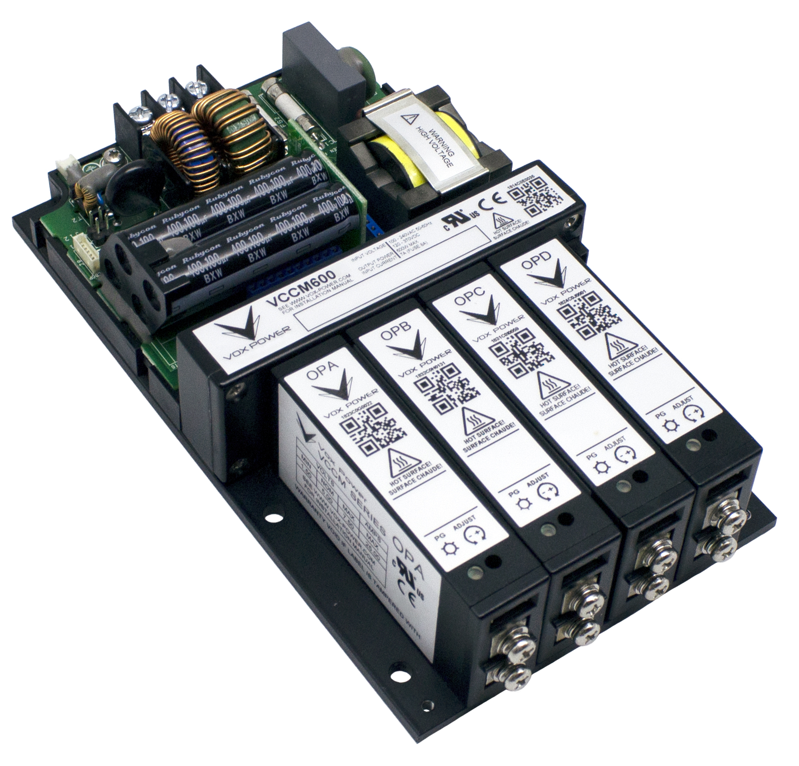 Vox Power’s VCCM600 4” x 7” fan-less 600W modular AC/DC power supply offers advanced features