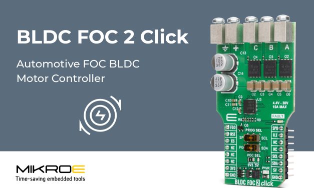 BLDC FOC 2 Click from MIKROE enables control of three-phase brushless DC (BLDC) motors using advanced FOC techniques