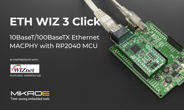ETH WIZ 3 Click from MIKROE provides Ethernet connectivity with integrated dual-core processing and hardware TCP/IP networking