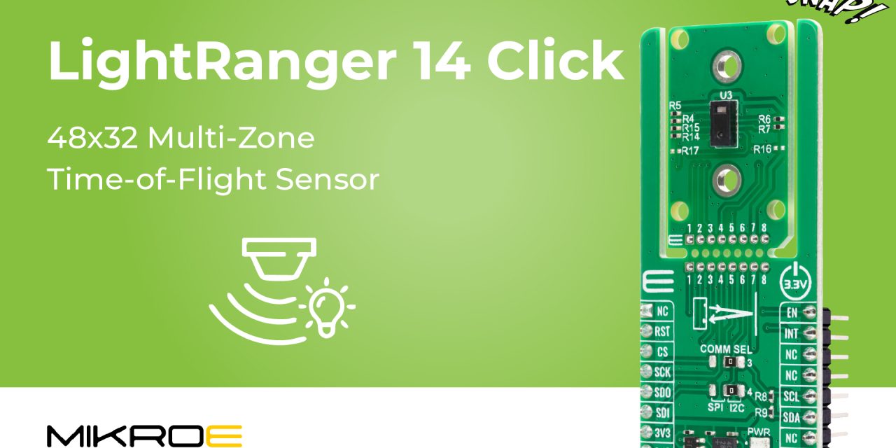 LightRanger 14 Click from MIKROE delivers high-precision distance and depth measurement using direct time-of-flight technology